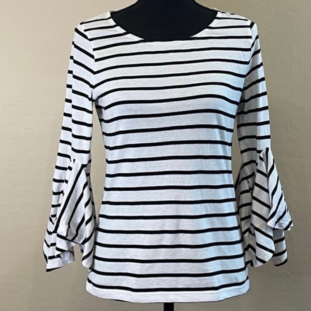 Susina Nordstrom Striped 3/4 Bell Sleeve Top Black and White